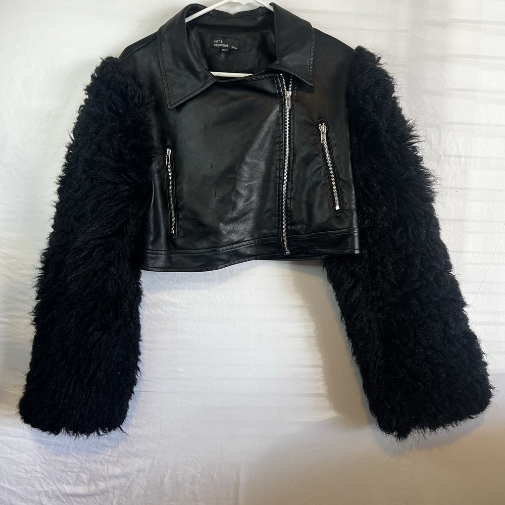 Hot & Delicious Black Faux Leather Biker Moto Jacket Collared Full Zip M - Picture 5 of 5